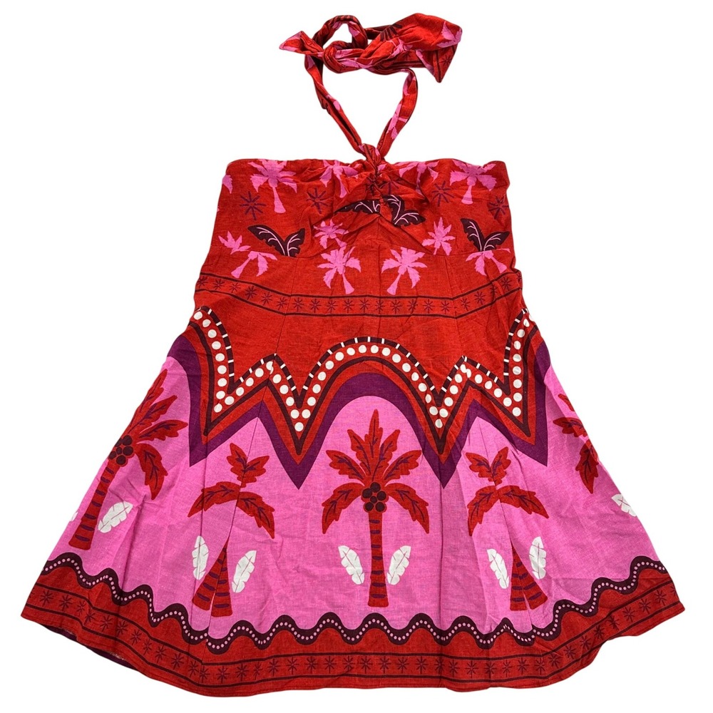 1. STATE Womens Red Pink Tropical Palm Tree Linen Blend Halter Dress Large NEW